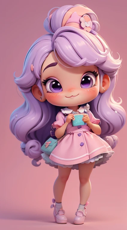 Create a series of cute chibi style dolls with a cute candyland chef theme, each with lots of detail and in an 8K resolution. All dolls should follow the same candyland candy wallpaper pattern and be complete in the image, mostrando o (corpo inteiro, incluindo as pernas: 1.5)

Boneca candyland f: Chame-a de Marina. She must have small hair in pastel lilac hue. Seus olhos devem ser grandes e expressivos, with long eyelashes and rosy cheeks. Sorriso delicado e branco. Sophie deve estar vestida com uma roupa colorida, pastel hues, lilac and purple tones and sweet details;. She should hold a candy in her hands. Certifique-se de adicionar detalhes nas roupas, such as buttons and pockets, sapato bonito

Certifique-se de adicionar sombras, texturas e detalhes nos cabelos, roupas, doces e chocolate em barra, to make them even more adorable and charming.