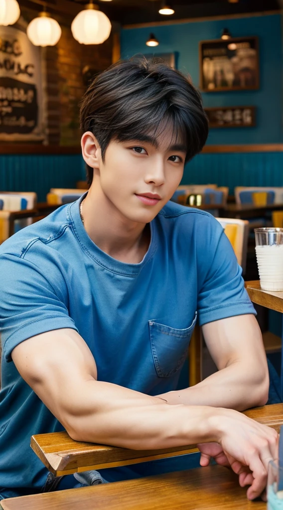 ((realistic daylight)) , Young Korean man in a blue t-shirt Denim shirt, jeans, A handsome, muscular young Asian man looks at the camera. , in the restaurant ,turn sideways