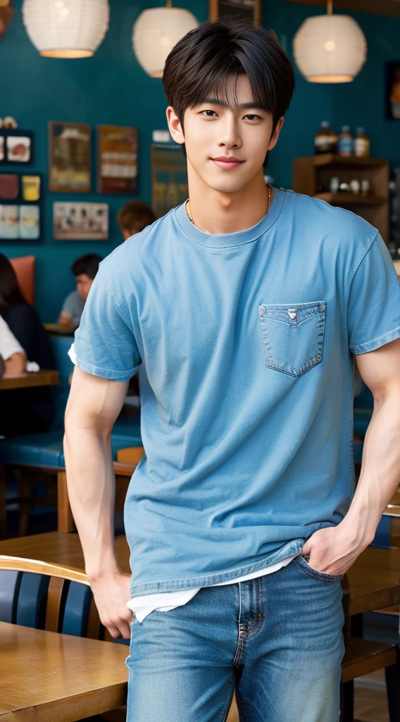 ((realistic daylight)) , Young Korean man in a blue t-shirt Denim shirt, jeans, A handsome, muscular young Asian man looks at the camera. , in the restaurant ,turn sideways