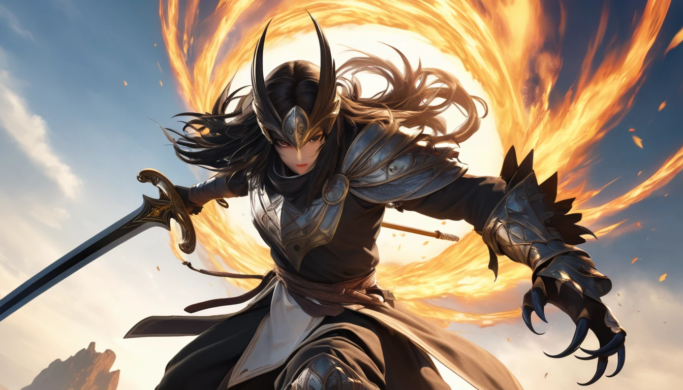 Realistic photos, RAW Photos, sword saint, attacks viewer, Powerful movements, jump on prey, ((Dynamic jump)), Sharp Claws, sword saint approaching from above, sudden approach, Bad-tempered, dynamic Shot from grand, flame magic