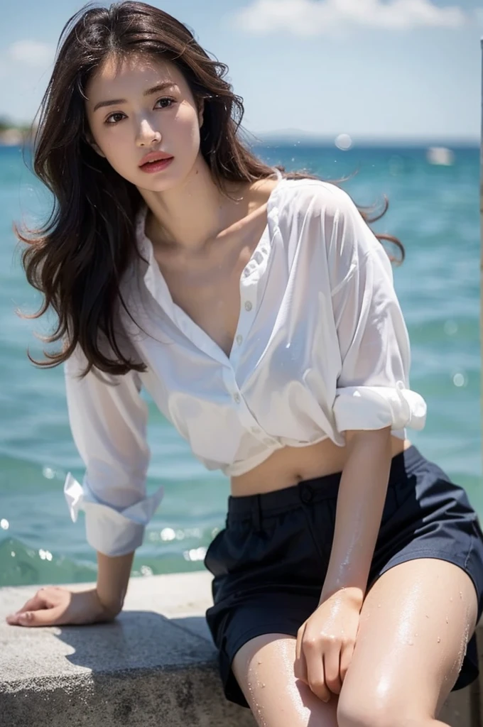 (Gray background、pubic hair、Large Breasts、Thighs、(((Glaring)))、Curly Hair、Disheveled Hair、Cute woman、high school girl、White shirt、Navy frill mile、Open chest shirt、A wet shirt with underwear showing through、Wet Hair、Gazing at the sea、Watching from behind、