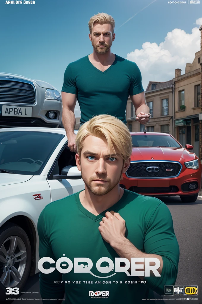 3D poster inspired by pixar capturing a scene with a 33 year old man white green eyes with a short beard blonde hair low dressed in a blue shirt with the name COOPERCAR outdoors with cars and motorbikes