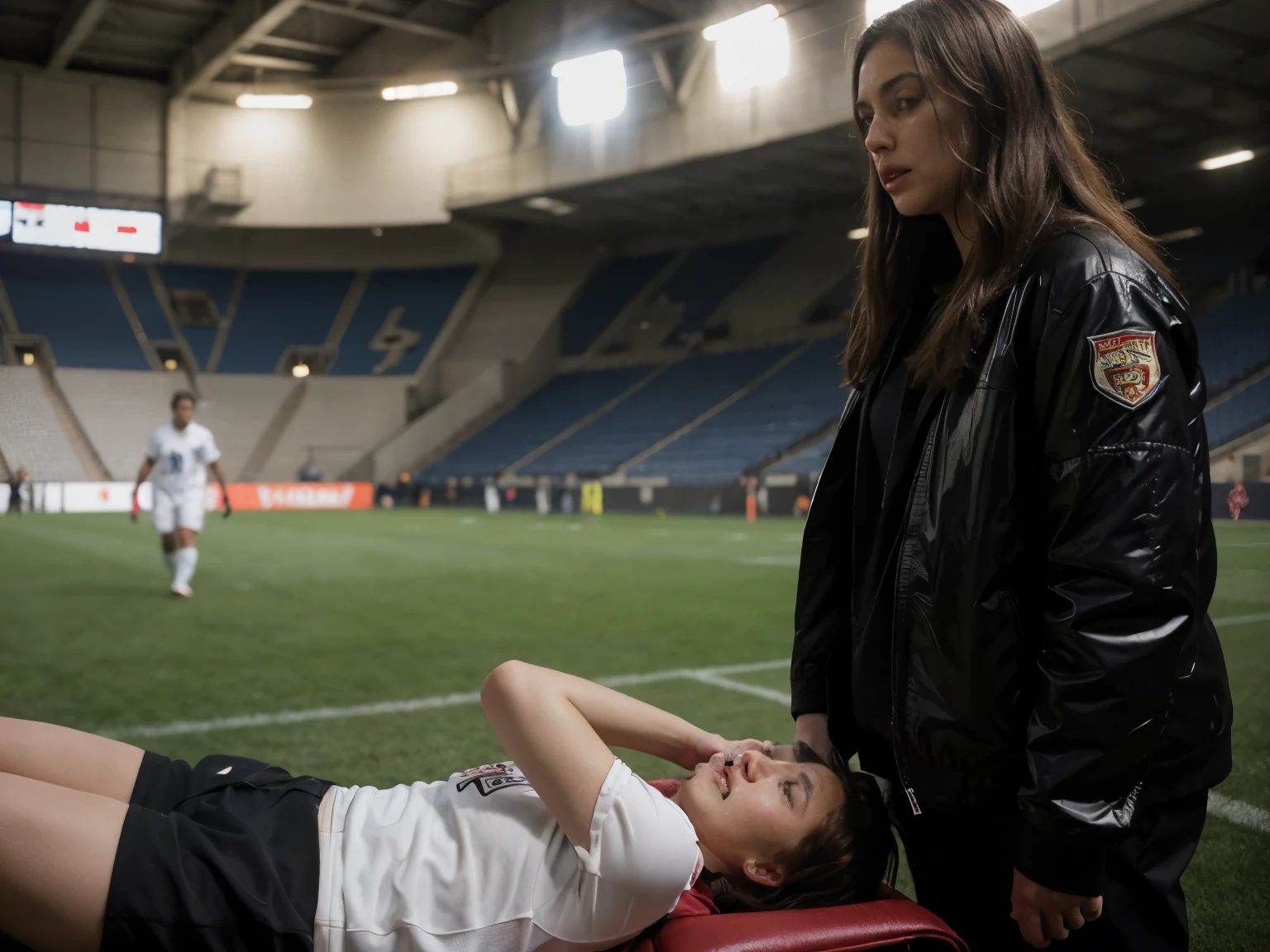 there is an injured man soccer player on a stretcher, a man soccer player injured after a foul, a highly attractive middle-aged woman wearing a high-gloss patent leather jacket, a long-haired middle-aged woman wears a high-gloss down jacket, A middle-aged woman in a shiny down jacket carries a stretcher on a sports field, sad scene, very sad, football hooligans, clip stadio, person in foreground, over-shoulder shot, intense scene, real shot, von Francesco Raibolini, dramatic scene, aesthetic shot, on ground, a long-shot, dramatic shot, breathtaking shot, realistic shot, candid shot