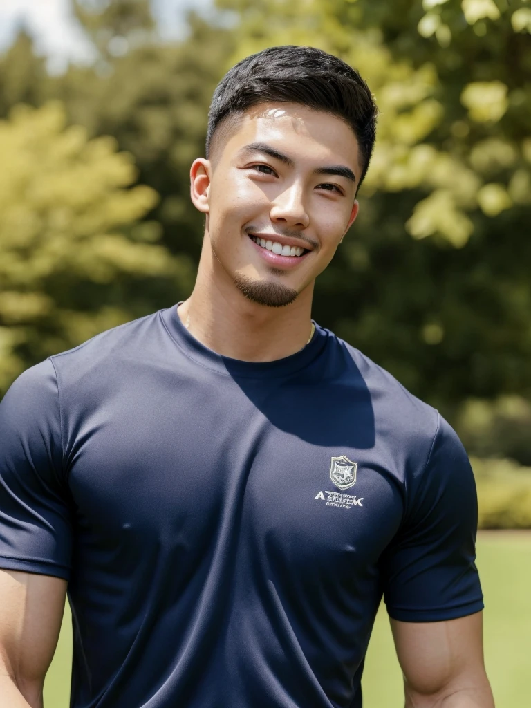 Tony Labrusca, (As a matter of fact, Masterpiece, 8k HD, good light quality, sportswear, fit the face, complicated details), A handsome, muscular young Korean man. , 20 years old, be happy, smile brightly, detailed face, delicate eyes, มองดูsky, Wear a tight blue t-shirt., period, black eyes, Black hair color, ผมsmooth, smooth, outdoor sports, Along the garden, Sunny,sky,Surreal,Superb details,Highest quality,real,