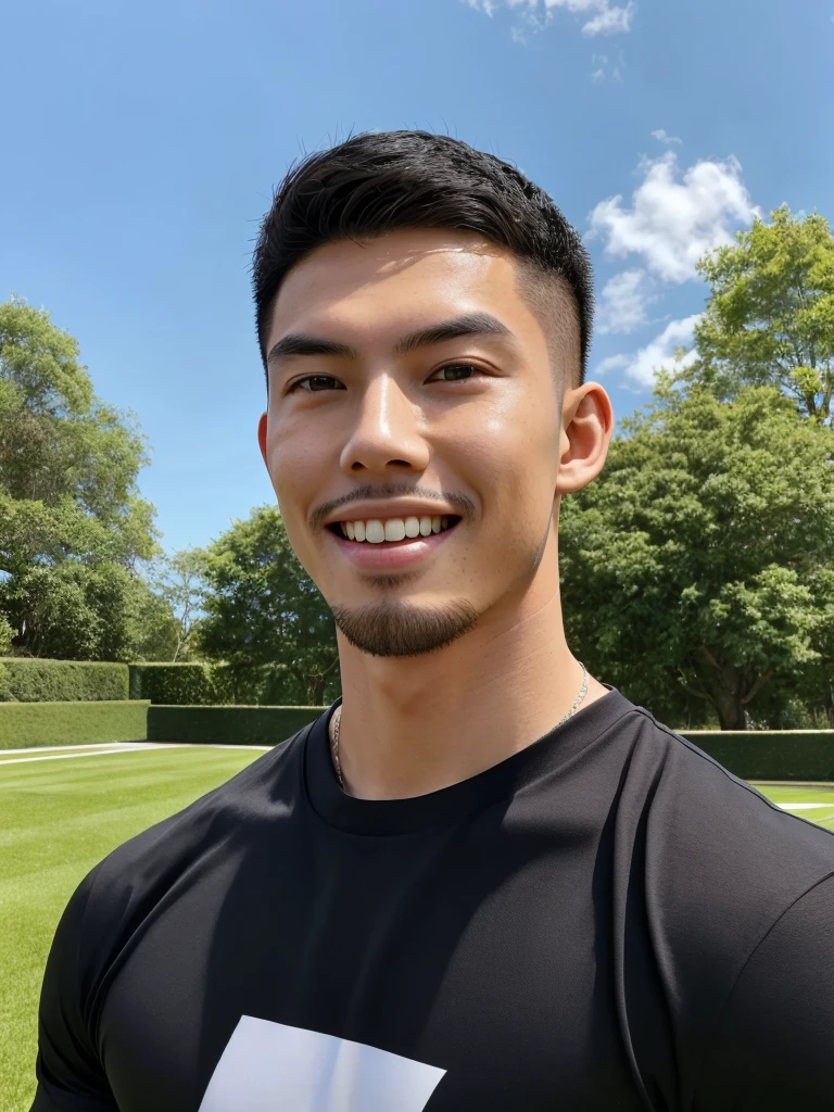 Tony Labrusca, (As a matter of fact, Masterpiece, 8k HD, good light quality, sportswear, fit the face, complicated details), A handsome, muscular young Korean man. , 20 years old, be happy, smile brightly, detailed face, delicate eyes, มองดูsky, Wear a tight blue t-shirt., period, black eyes, Black hair color, ผมsmooth, smooth, outdoor sports, Along the garden, Sunny,sky，Surreal，Superb details，Highest quality，real，