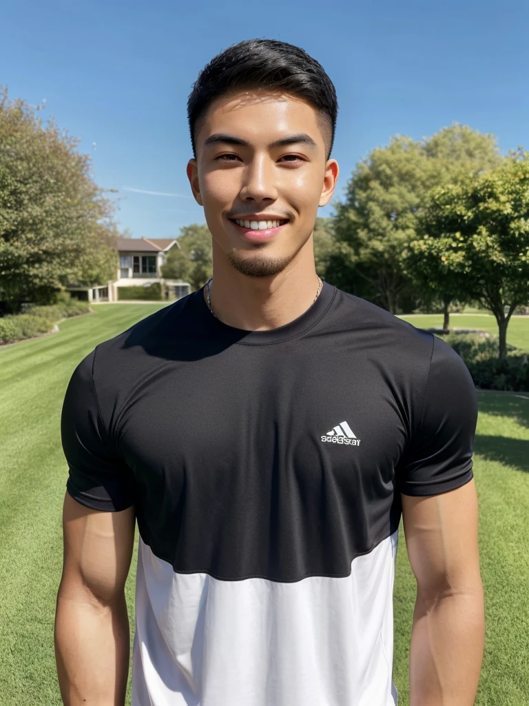 Tony Labrusca, (As a matter of fact, Masterpiece, 8k HD, good light quality, sportswear, fit the face, complicated details), A handsome, muscular young Korean man. , 20 years old, be happy, smile brightly, detailed face, delicate eyes, มองดูsky, Wear a tight blue t-shirt., period, black eyes, Black hair color, ผมsmooth, smooth, outdoor sports, Along the garden, Sunny,sky,Surreal,Superb details,Highest quality,real,