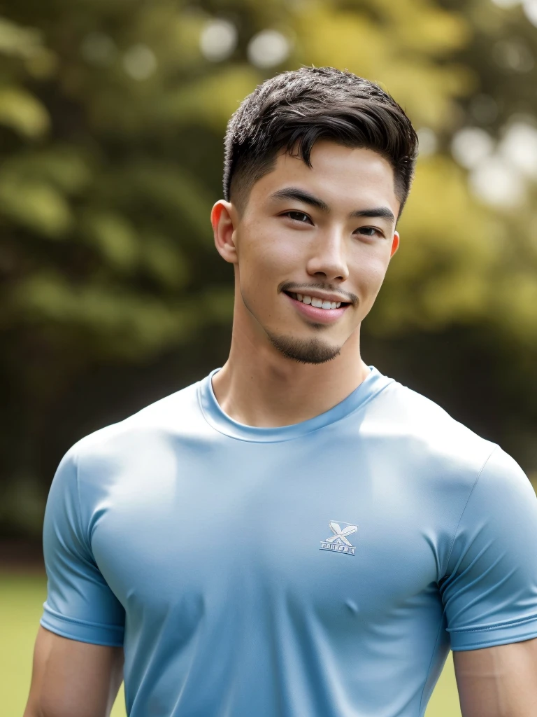 Tony Labrusca, (As a matter of fact, Masterpiece, 8k HD, good light quality, sportswear, fit the face, complicated details), A handsome, muscular young Korean man. , 20 years old, be happy, smile brightly, detailed face, delicate eyes, มองดูsky, Wear a tight blue t-shirt., period, black eyes, Black hair color, ผมsmooth, smooth, outdoor sports, Along the garden, Sunny,sky，Surreal，Superb details，Highest quality，real，