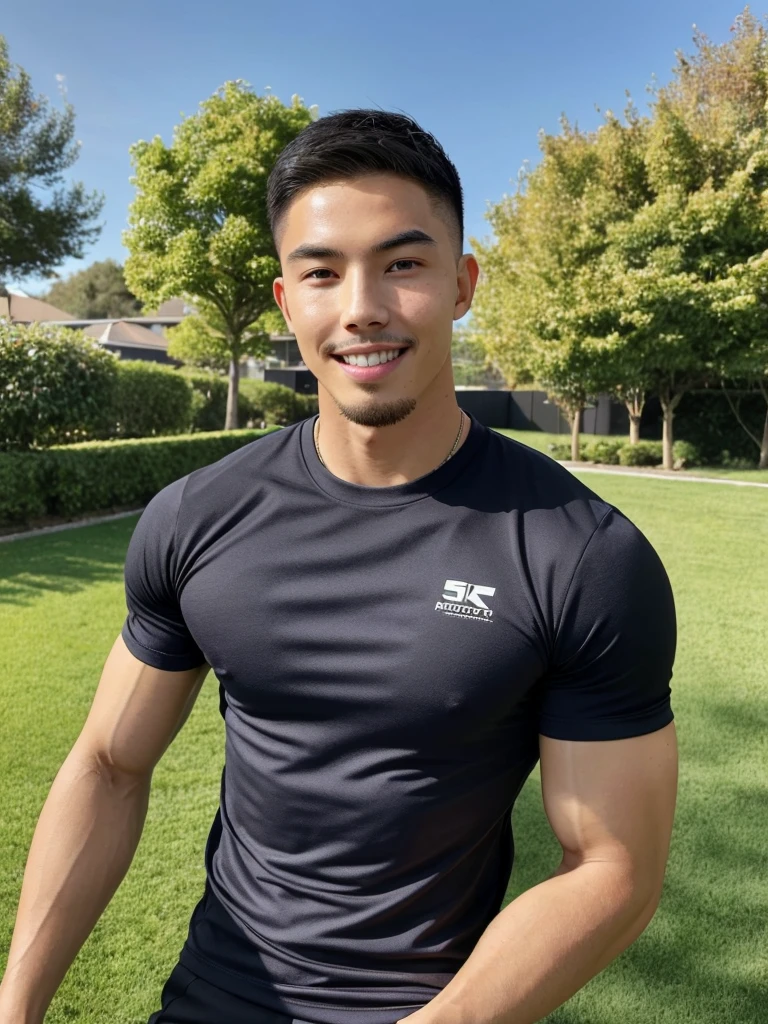 Tony Labrusca, (As a matter of fact, Masterpiece, 8k HD, good light quality, sportswear, fit the face, complicated details), A handsome, muscular young Korean man. , 20 years old, be happy, smile brightly, detailed face, delicate eyes, มองดูsky, Wear a tight blue t-shirt., period, black eyes, Black hair color, ผมsmooth, smooth, outdoor sports, Along the garden, Sunny,sky,Surreal,Superb details,Highest quality,real,