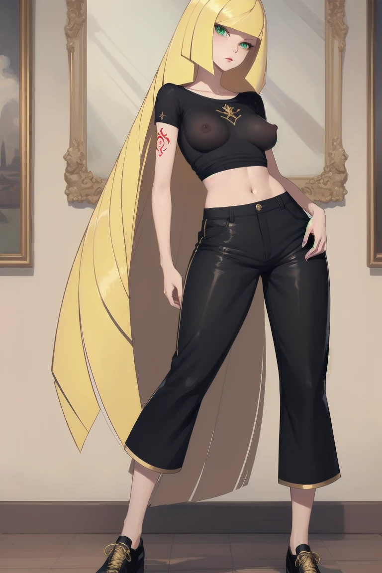 ((Highest quality)), ((masterpiece)), (Familiar), Lusamine,Tattoo,thin,Long blonde hair,Small breasts,Small breasts,Erect nipples,Adult female,Green Eyes,Slanted Eyes,White and black T-shirt,No sleeve,Gold embroidery,Black shoes,Fascinating,Red pants