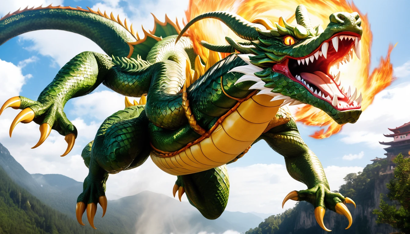 Realistic photos, RAW Photos, Shenron, attacks viewer, Powerful movements, jump on prey, ((Dynamic jump)), Sharp Claws, Shenron approaching from above, sudden approach, Bad-tempered, dynamic Shot from grand, flame magic