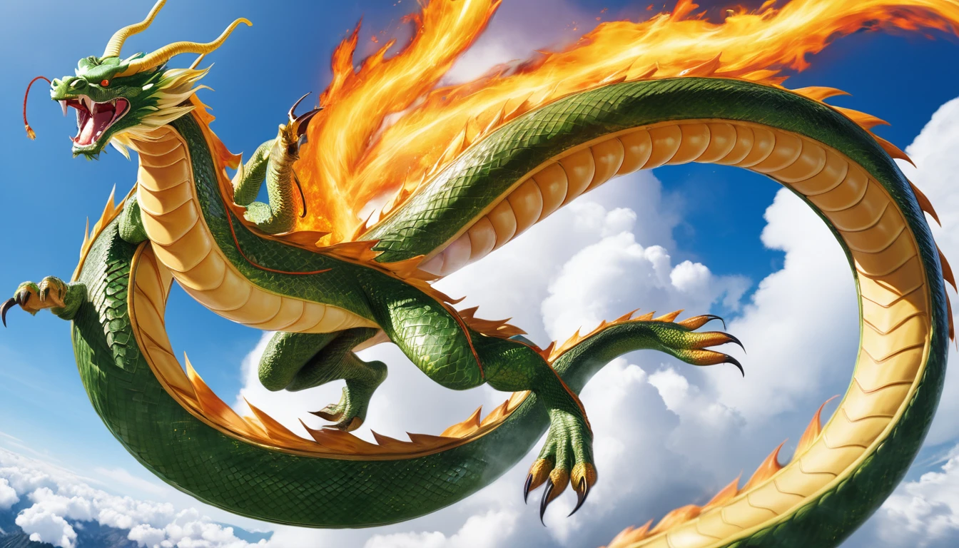 Realistic photos, RAW Photos, Shenron, attacks viewer, Powerful movements, jump on prey, ((Dynamic jump)), Sharp Claws, Shenron approaching from above, sudden approach, Bad-tempered, dynamic Shot from grand, flame magic