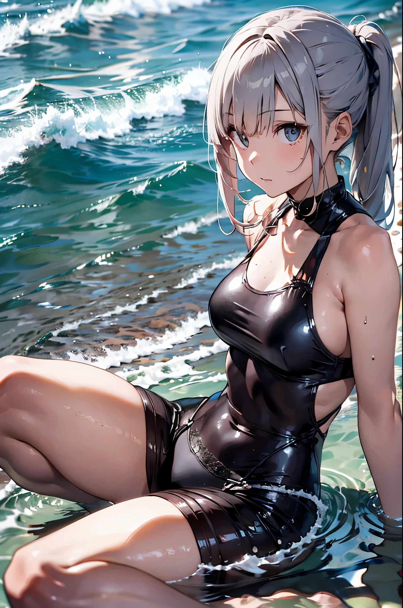 ((4K、8K、top-quality、Perfect fingers: 1.perfect anatomia: 1.3、Background blur))、((ars、a junill tits 、cute big droopy eyes、stright long hair、a beautiful slender girl、silber hair、A smile))、（onepiece swimsuit）、Full-body angle、school poolside、