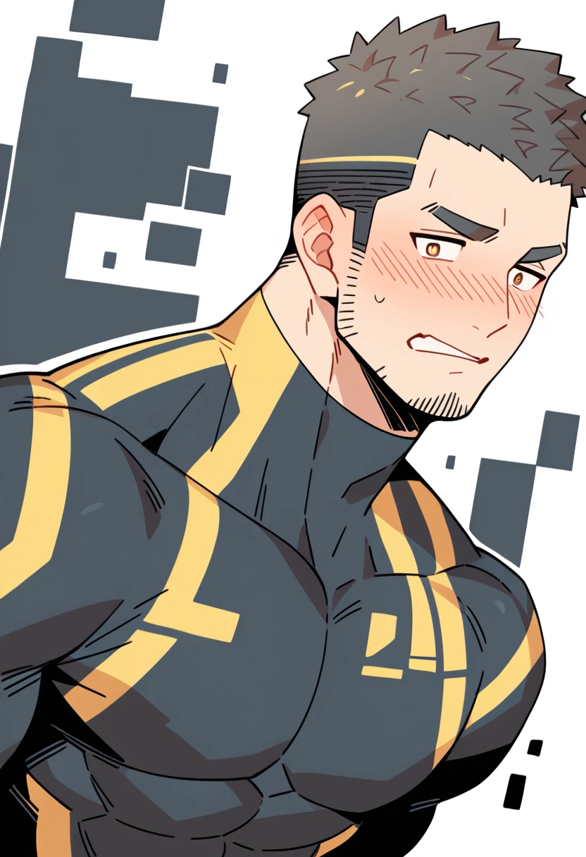 anime characters:Gyee Priapus, Muscle Sports Student, Buzz Cut, Manliness, male focus, Compression bodysuit, Yellow black high collar long sleeve tight diving suit, Very tight, Regular symmetrical pattern, full and perky chest muscles, muscular male, muscular, only, Upper body, alone, Red short hair, Thick eyebrows, stubble, Brown-red pupils, White background, simple background, amazing quality, best aesthetics, Ridiculous, crew cut, parted lips, flustered, endured face, shy, blush, negative space, negative space, best quality