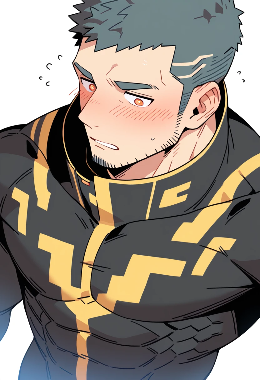 anime characters：Gyee Priapus, Muscle Sports Student, Buzz Cut, Manliness, male focus, Compression bodysuit, Yellow  black high collar long sleeve tight diving suit, Very tight, Regular symmetrical pattern, full and perky chest muscles, muscular male, muscular, only, Upper body, alone, Red short hair, Thick eyebrows, stubble, Brown-red pupils, White background, simple background, amazing quality, best aesthetics, Ridiculous, crew cut, parted lips, flustered, endured face, shy, blush, negative space, negative space, best quality