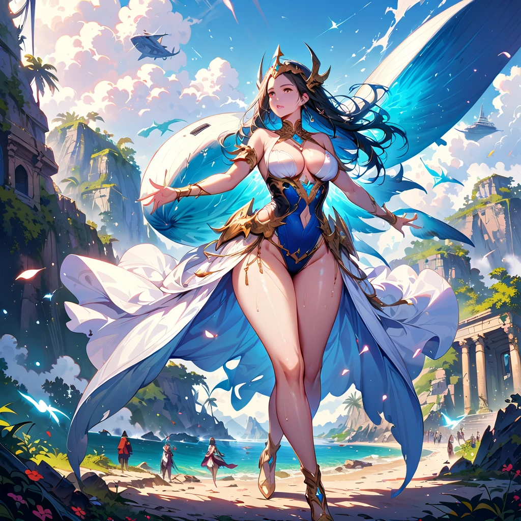 Fantastic Island,Ruins of an ancient civilization,Flying Ship,Flying Whale,flying fairy,(Highest quality,Extremely detailed depiction,Incredibly absurd high resolution,Anatomically accurate depiction,Nice hands, Perfect Fingers,Curvy Legs),(Glowing Skin,Shiny skin),A fantastic goddess in a gorgeous costume,There is cleavage in the chest,Glossy Lips,Sweat,Young beautiful woman,background:Mysterious sight,Fantasy