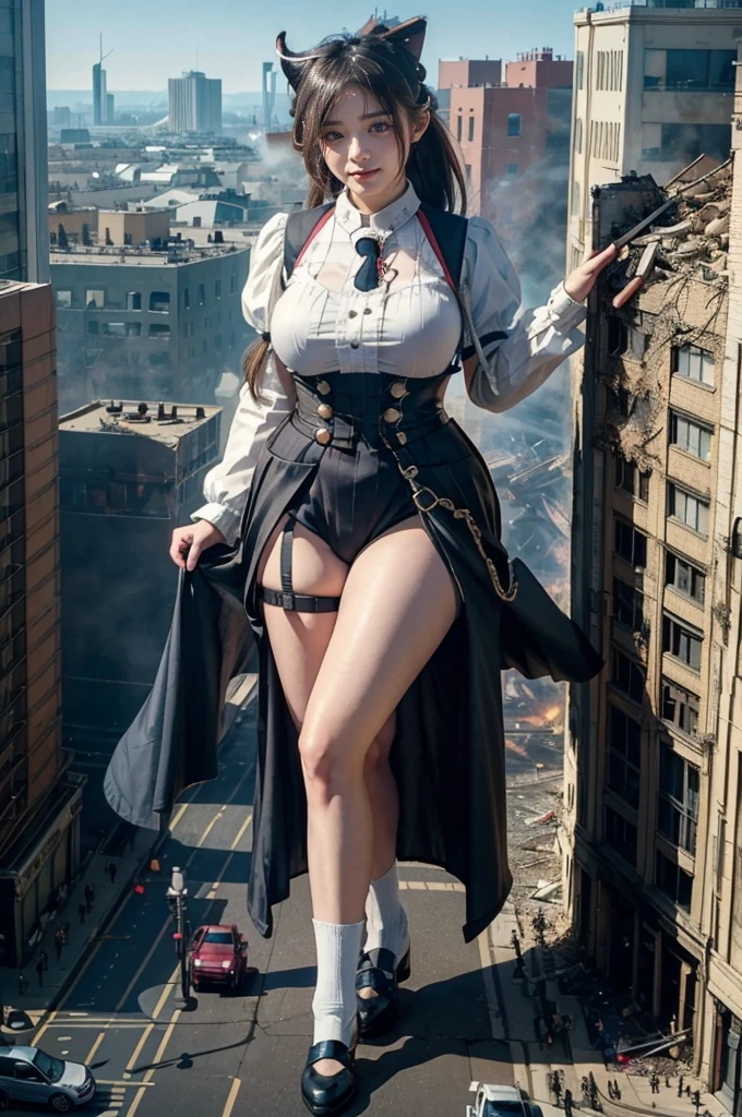 Fisheye Lens、looking at the camera、steampunk、Standing on top of a ruined building、Big building explosion、The building collapses、Urban hustle and bustle、Traffic jam、City of Rubble、street tree、Car and bus、truck、taxi、City boulevard、Pedestrian bridge、Streetcar route、((((Azur Lane Cheshire Cosplay))))、Frilled maid outfit、((Super huge breasts))、((Plump thighs))、Ground View,City of Giants,500 foot tall giant girl,skyscraper,Has super long legs,Step into the crowd,There are many people on the street,Knee-high socks、loafers,A happy look,Standing on the ruins,Beautiful appearance,Exquisite makeup,quality,8k,高quality,Perfect Proportions, Cinema Lighting,Film Grain,The Colors of Fuji,8k,Textured skin,Super Detail,High detail,high quality,High resolution,explode,False Smile、Reaching out