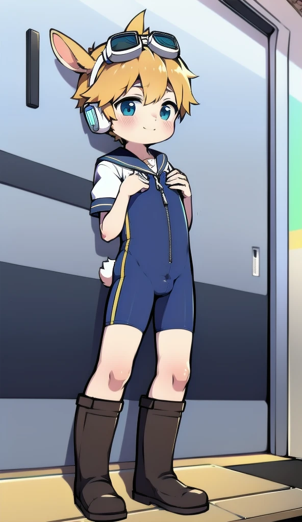 2D Boy Shota，One-piece suit，Slim, healthy body，Put the headphones on your head，stand up，goggles，Rabbit ears，happy，Sailor collar，tie，Zipper pulled down，boots，shy