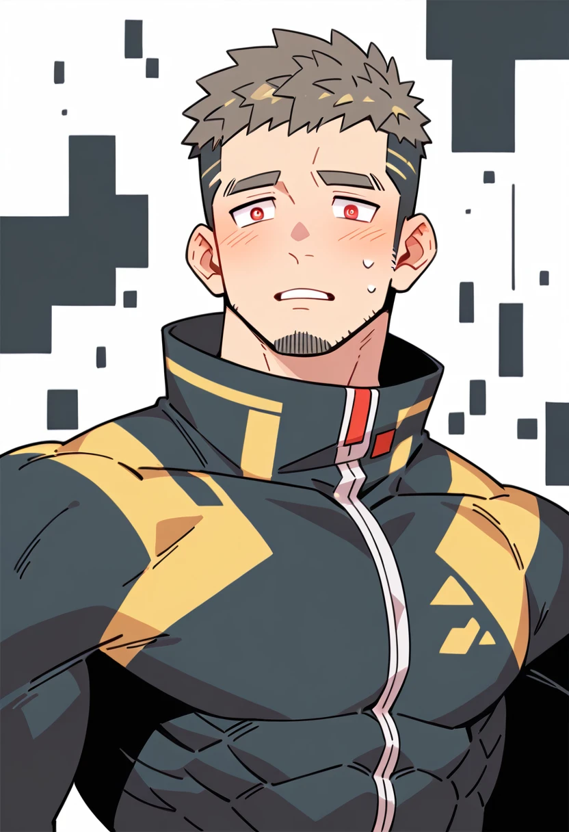 anime characters:Gyee Priapus, Muscle Sports Student, Buzz Cut, Manliness, male focus, Compression bodysuit, Yellow black high collar long sleeve tight diving suit, Very tight, Regular symmetrical pattern, full and perky chest muscles, muscular male, muscular, only, Upper body, alone, Red short hair, Thick eyebrows, stubble, Brown-red pupils, White background, simple background, amazing quality, best aesthetics, Ridiculous, crew cut, parted lips, flustered, endured face, shy, blush, negative space, negative space, best quality