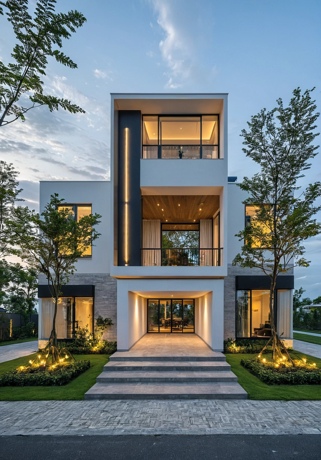 Masterpiece, high quality, best quality, authentic, super detail, outdoors, onestoreyvillaXL, aiaigroup, house style modern on the street ,stairs, white wall ,road,pavement, grass, trees, sky, cloud, (nightlight:1.1)
