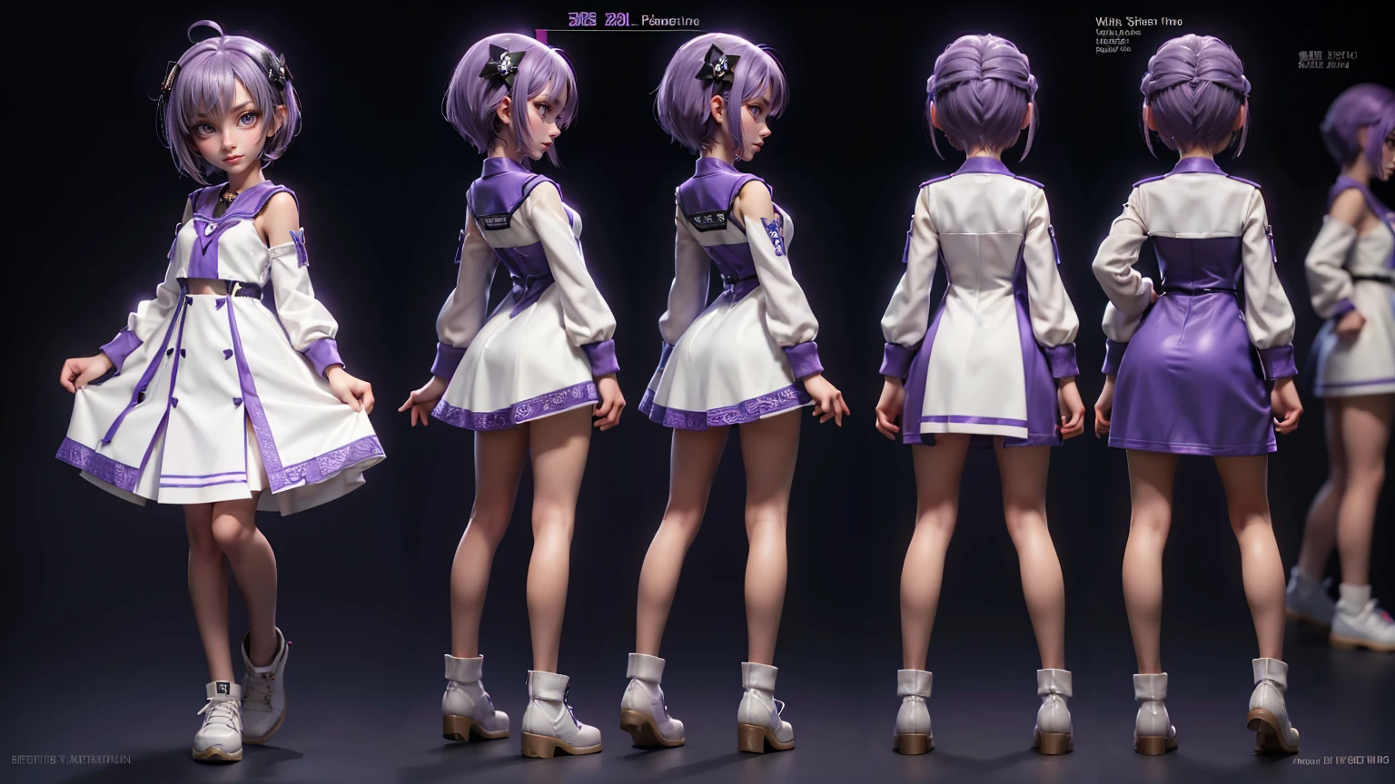 cute girl in a short gaming dress , short hairs, ,white dress, smiling face, short purple dress full straight standing pose, 14yo student, Character Sheet, Full body, Simple white background, character reference sheet, Concept art, design sheet, HD, 4k