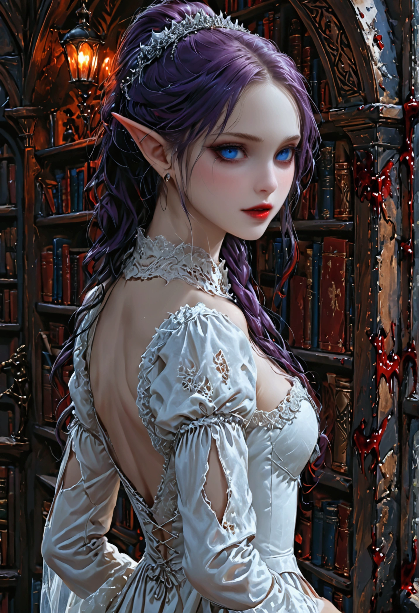 arafed a picture of elf vampire in her castle. an exquisite beautiful female elf vampire (ultra details, Masterpiece, best quality), bloody mouth, purple hair, pale skin, hair in a ponytail, long hair, blue eyes, small pointed ears, cold eyes, smirking, wearing white dress (ultra details, Masterpiece, best quality), red cloak, in dark fantasy library, book shelves, arafed high details, best quality, 16k, [ultra detailed], masterpiece, best quality, (ultra detailed), full body, ultra wide shot, photorealism, RAW, dark fantasy art, gothic art, wearing Haute_Couture designer dress, Dark Novel, Dark Art Painting Style, dripping blood, hud_s1n, short black dress, long sleeves, veil, thighhighs