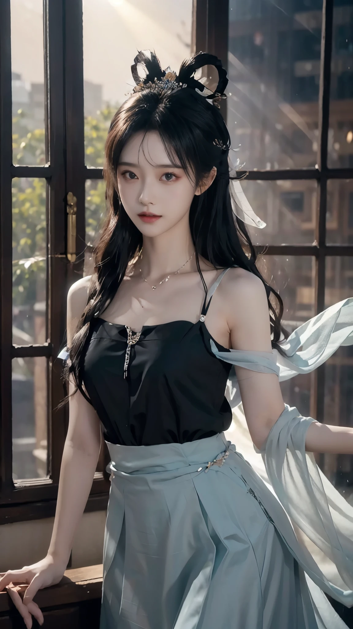 night, Deep blue sky, light black dress, short and shining skirt l below chest, beautiful light black shining short shirt, long black hair, long hair and waist, Beautiful girl, God, White headdress, standing front of window , seeing outside window, raining season, beautiful and sexy figure ,hair, side fringe, scarf, hair ornament, Forehead Gem, Baolai Jewelry Branch, crescent hair ornament, fish hair ornament, God ray, flash, movie lighting, Lens flare, Ultra HD, High Detail, high quality, high resolution, best quality, 8K, 16K, High Detail, high quality, high quality, Super Detail, Anatomically correct, masterpiece, precise