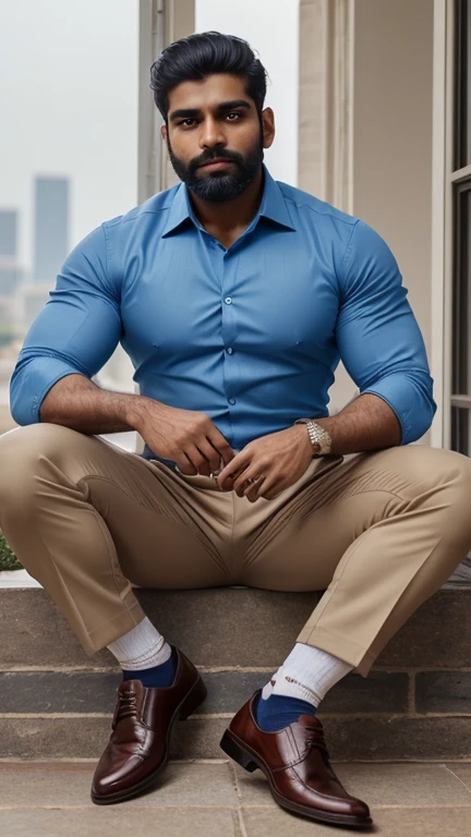 (the best quality,8k,realisitic),handsome indian man,Thick beard,mascle,blue colored eyes,brown hair,good muscles,fully body view, in formal shirt, formal trouser, formal shoes, socks, head to toe in photo