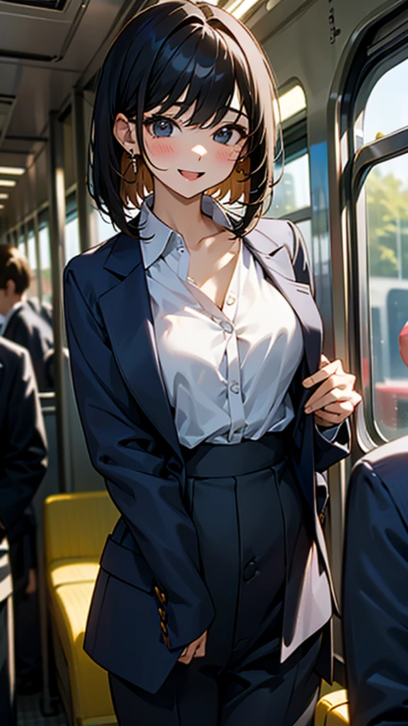One girl, he is short、、Young、10th Generation、There is a childishness、young、solo, High resolution, Long Hair, smile, Shortcuts, Black Hair,short hair、 Simple Background, accessories, Earrings, Anatomically correct, Soft Light, Textured skin, Office Style、Navy jacket、Pants Style、set up、White chiffon blouse、beautiful girl、Inside the train、
