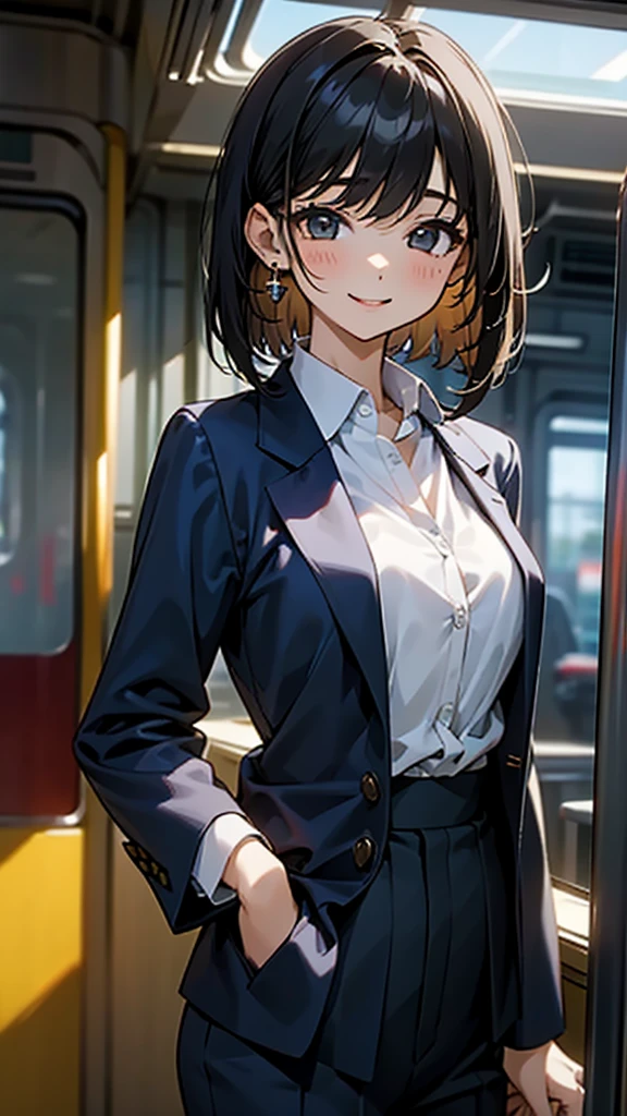 One girl, he is short、10th Generation、There is a childishness、young、solo, High resolution, Long Hair, smile, Shortcuts, Black Hair,short hair、 Simple Background, accessories, Earrings, Anatomically correct, Soft Light, Textured skin, Office Style、Navy jacket、suit、Pants Style、Chiffon blouse、Unbuttoned white blouse、beautiful girl、Inside the train、