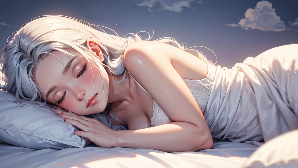 angel girl ,sleeping in the cloud, siver hair,hight quality,4k