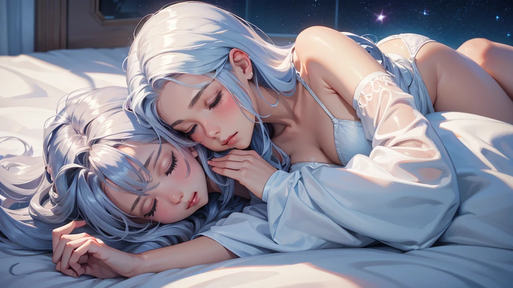 masterpiece, Full-HD, a girl, sleeping, white hair, slender, surrounded by stars, mystical atmosphere, cel anime, upper body, on right, blue hues, rule of thirds, asymmetrical composition