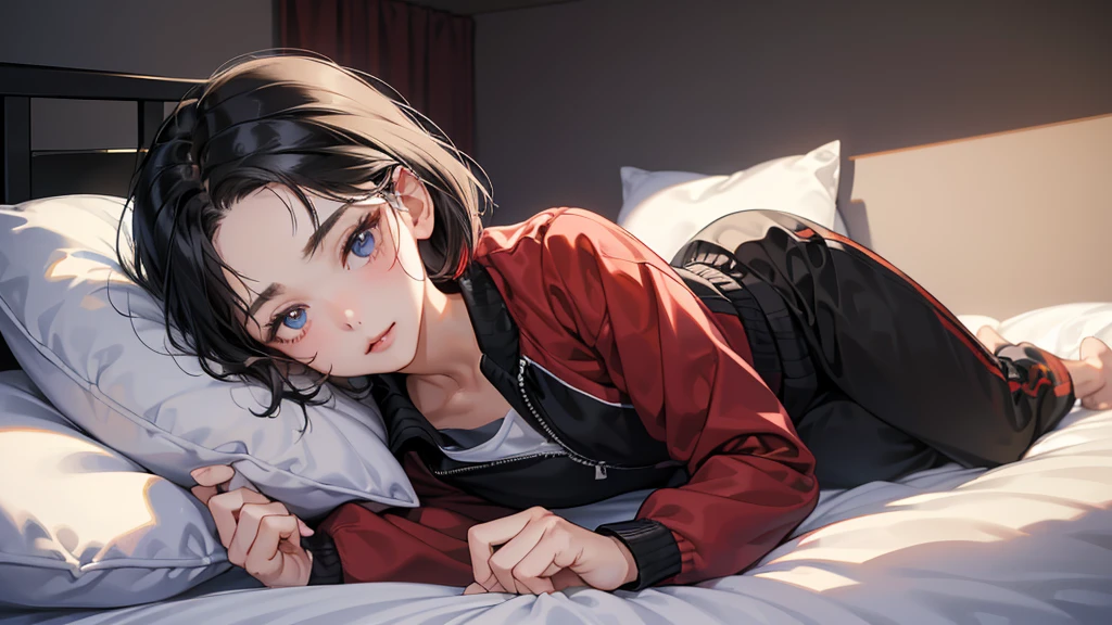 (perfect anatomy:1.2)(absurdres, highres, ultra detailed),masterpiece,best quality,high resolution,8k,Realistic face,Realistic skin texture,magnified textures, stunning clarity,detailed anime girl,(ultra detailed eyes and face),(1 girl:1.4)21years old,she is office worker,,black hair, bob cut, No-makeup look,,(red school track jacket:1.2),(black school track pants),white t-thirt,(The chest is visible),11 p.m,sparkling eyes,small nose,roundface,Women's Apartments in japanese suburb,(faint light),(darkness),(midnight),(lying in bed:1.4),(happy),