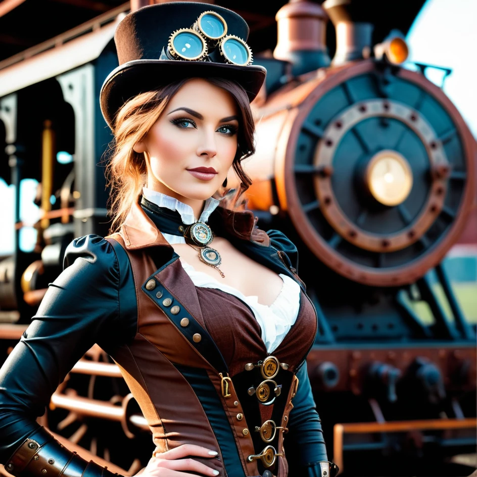 Ultra Resolution, 8k , HDR, Ultra sharp,((top-quality)), ((masterpiece)), ((realisitic)), (detailed), Reflective,there is a woman in a steam punk outfit posing for a picture, steampunk fantasy style, steampunk girl, steampunk inventor girl, sci-fi steampunk, dieselpunk art style, steampunk pin-up girl, digital steampunk art, steam punk style, steam-punk, young girl in steampunk clothes, steampunk digital art, high quality steampunk art, steampunk