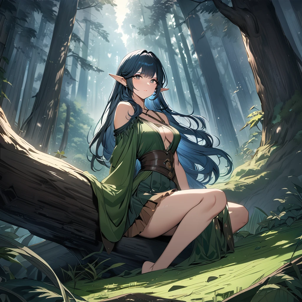 high quality, 4k, 8k, highres, HDR, UHD, masterpiece, ultra-detailed, a beautiful elf woman in a dark fantasy forest, sitting pose, creative angle, cool pose, simple outfit, natural skirt, foresty outfit, mature woman. extremely detailed face, rendered eyes, dark eyes, long flowing hair, dark blue hair, curious expression, sitting under a large tree, anime style, highly detailed, 8k, fantasy art, magical atmosphere, mossy ground, dark setting, demonic forest, pointed ears, detailed dress, intricate details, fantasy landscape
