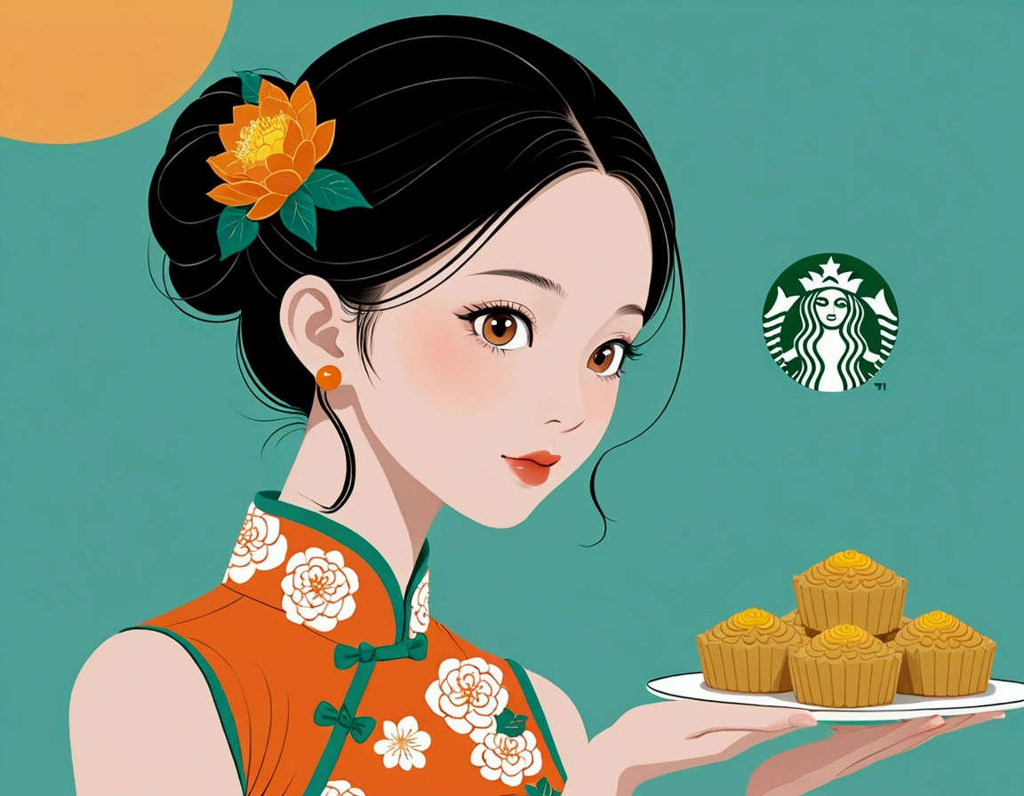 Mid-Autumn Festival poster design，girl，Cyan and Green，Starbucks mooncakes，moon，orange color，big eyes，Cute expression，Two hair buns，cheongsam，Cartoon，Fresh，romantic，Simplicity，Modern design