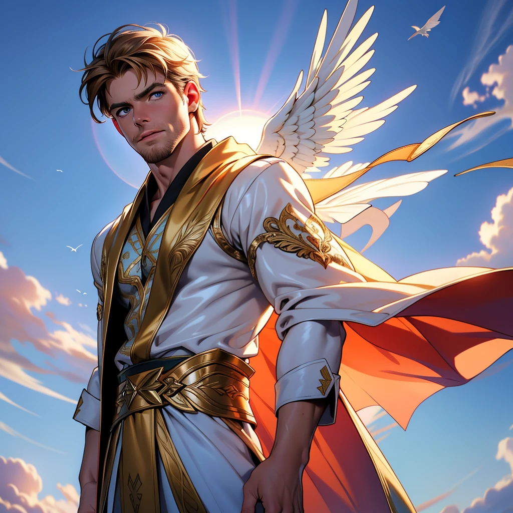 32k,masterpiece, best quality, detailed face, natural eyes,1man, solo mature man, muscled and mature, stephen amell as an angel , wearing a see thru transparent robe with golden embroidery , wearing 2 very large angel's wings , showing muscles ,floating and flying in the sky with clouds , full body, intricate Detailed background at sunset