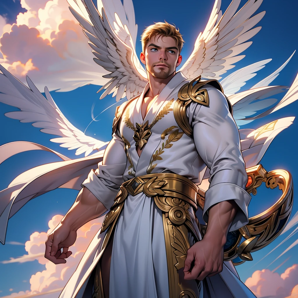 32k,masterpiece, best quality, detailed face, natural eyes,1man, solo mature man, muscled and mature, stephen amell as an angel , wearing a see thru transparent robe with golden embroidery , wearing 2 very large angel's wings , showing muscles ,floating and flying in the sky with clouds , full body, intricate Detailed background at sunset