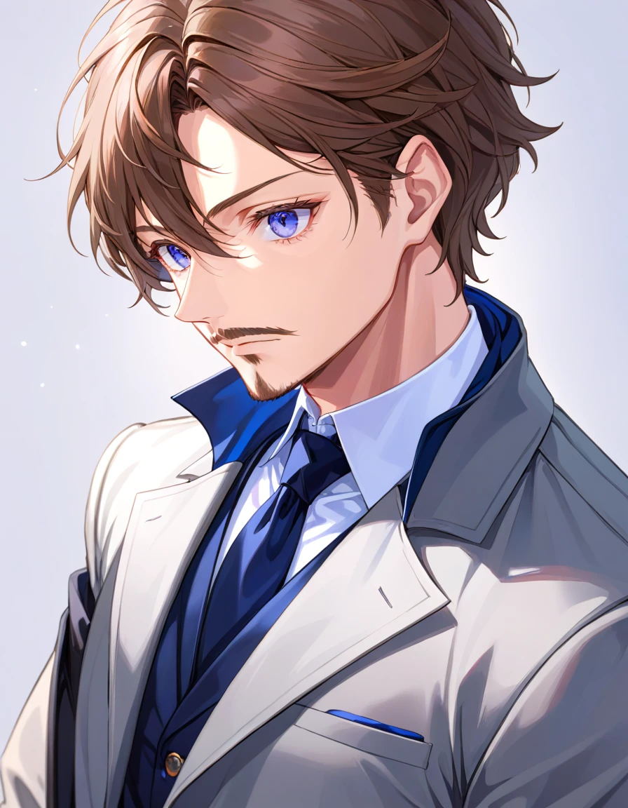 1man, mature male, parted bangs, medium-short hair, brown hair, muscular male celeb, short goatee, short mustache, indigo eyes, gentleman, elegant netori male, BREAK solo, white collared shirt, gray trench coat, black neck ribbon, in gentle sasaki style, visual novel, 2010s, extreme all detailed, masterpiece, best quality