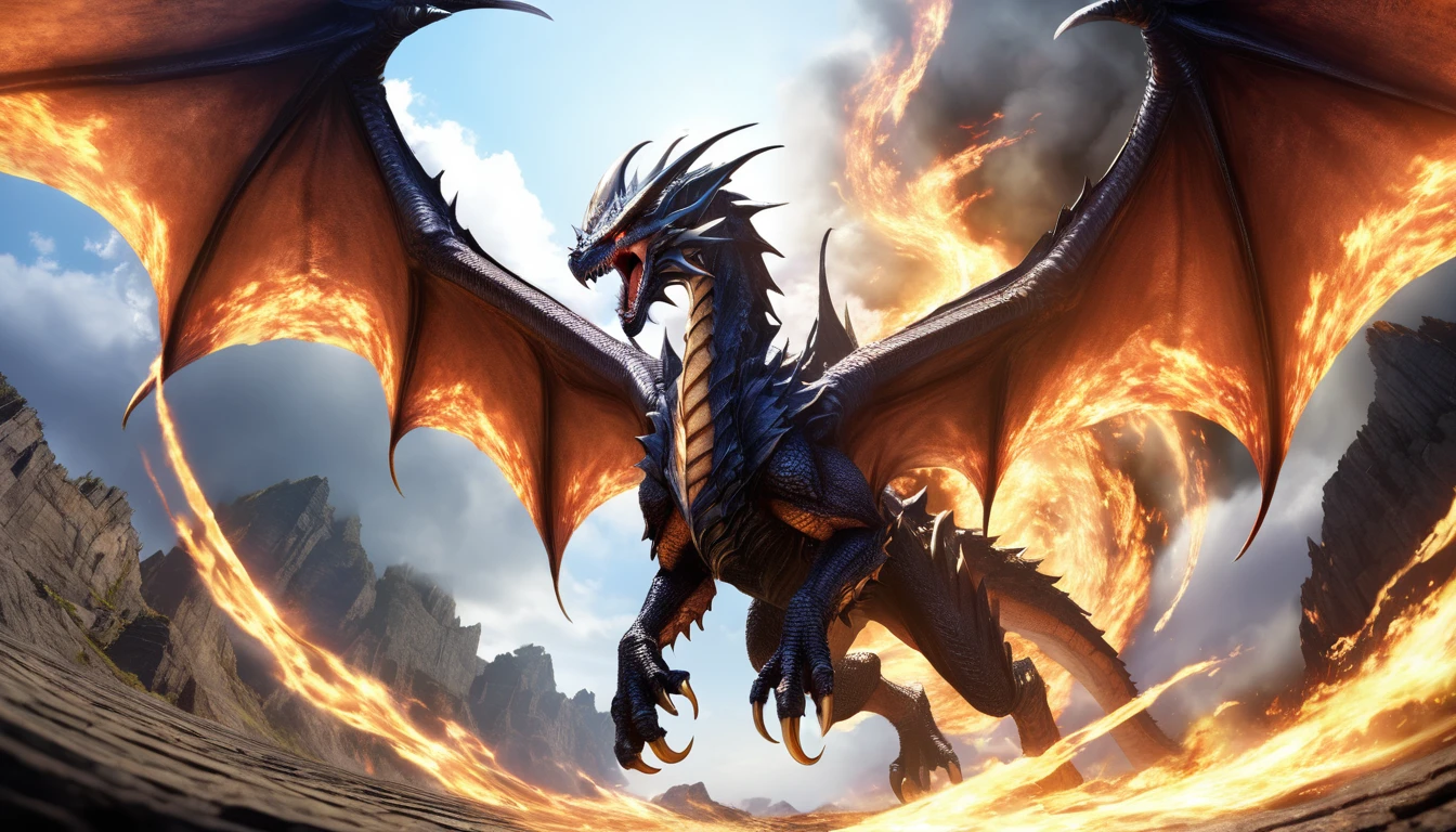 Realistic photos, RAW Photos, Bahamut, attacks viewer, Powerful movements, jump on prey, ((Dynamic jump)), Sharp Claws, Bahamut approaching from above, sudden approach, Bad-tempered, dynamic Shot from grand, flame magic