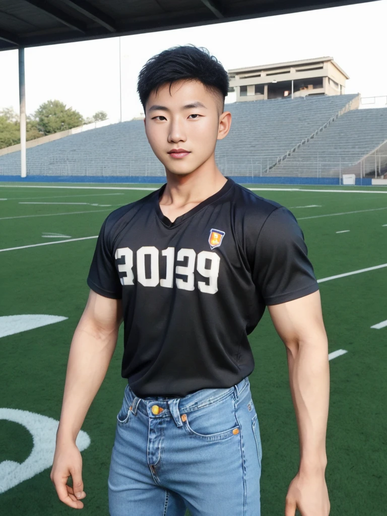 ((realistic daylight)) , Young Korean man in a simple black t-shirt only, no pattern, denim shirt, and jeans., A handsome, muscular young Asian man looks at the camera.  , in the football field ,turn sideways