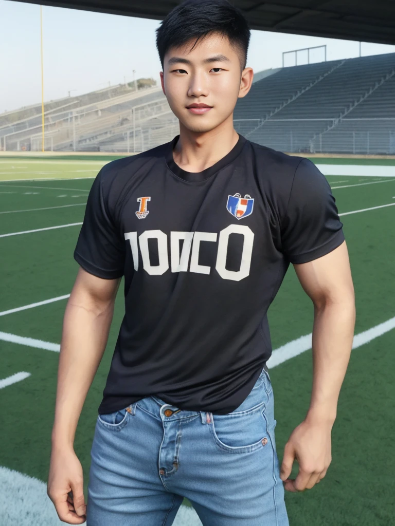 ((realistic daylight)) , Young Korean man in a simple black t-shirt only, no pattern, denim shirt, and jeans., A handsome, muscular young Asian man looks at the camera. , in the football field ,turn sideways
