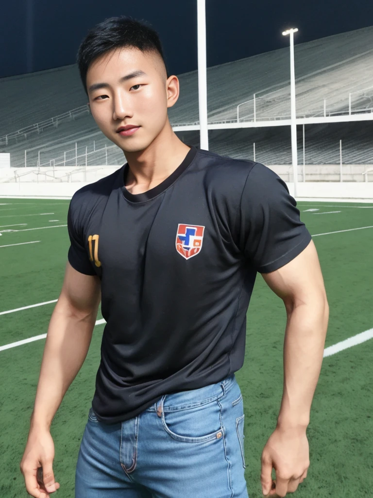 ((realistic daylight)) , Young Korean man in a simple black t-shirt only, no pattern, denim shirt, and jeans., A handsome, muscular young Asian man looks at the camera.  , in the football field ,turn sideways