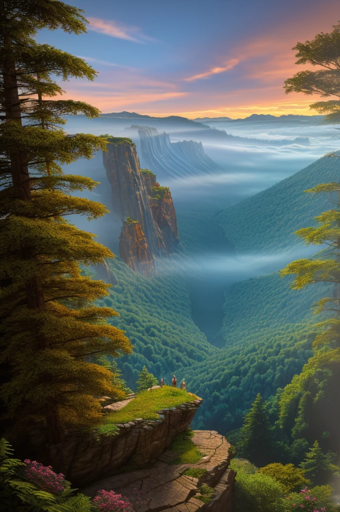 a meticulously detailed digital concept art scene, photorealistic, highly realistic, 8k, extremely detailed, hyper-realistic, cinematic lighting, dramatic lighting, stunning colors, vibrant colors, dramatic atmosphere, cinematic composition, intricate details, intricate architecture, intricate structures, intricate textures, volumetric fog, depth of field, beautiful landscape, lush foliage, dense foliage, towering mountains, cascading waterfalls, serene lake, picturesque vista, cinematic quality, breathtaking realism