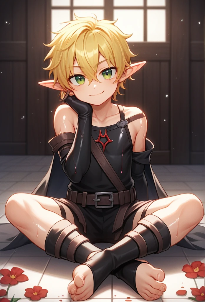 score_9, score_8_up, score_7_up, score_6_up, score_5_up, score_4_up, source_anime, BREAK, 1boy, toeless legwear, solo, sitting, crossed legs, looking at viewer, bare shoulders, indoors, leggings, stirrup legwear, sleeveless, head rest, elf, pointy ears, medium hair, fluffy hair, wavy hair, hair between eyes, big eyes, green eyes, cute face, manly body, cat eyes, collarbone, black scarf, long black scarf, yellow hair, smirk, smug face, shiny feet, shiny skin, shiny hair, sunny, dramatic lighting, official artwork, wet skin, wet hair, sunny day, red flowers on floor, sexy, layered clothes, bare shoulder, long sleeve, belt, black cloak, rogue outfit, assassin's outfit, dark outfit, blood spots on clothes, assasin clothes
