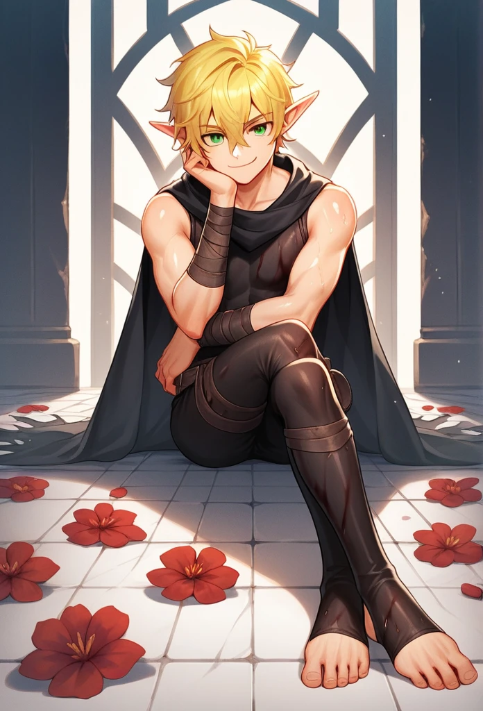 score_9, score_8_up, score_7_up, score_6_up, score_5_up, score_4_up, source_anime, BREAK, 1boy, toeless legwear, solo, sitting, crossed legs, looking at viewer, bare shoulders, indoors, leggings, stirrup legwear, sleeveless, head rest, elf, pointy ears, medium hair, fluffy hair, wavy hair, hair between eyes, big eyes, green eyes, cute face, manly body, cat eyes, collarbone, black scarf, long black scarf, yellow hair, smirk, smug face, shiny feet, shiny skin, shiny hair, sunny, dramatic lighting, official artwork, wet skin, wet hair, sunny day, red flowers on floor, sexy, layered clothes, bare shoulder, long sleeve, belt, black cloak, rogue outfit, assassin's outfit, dark outfit, blood spots on clothes, assasin clothes