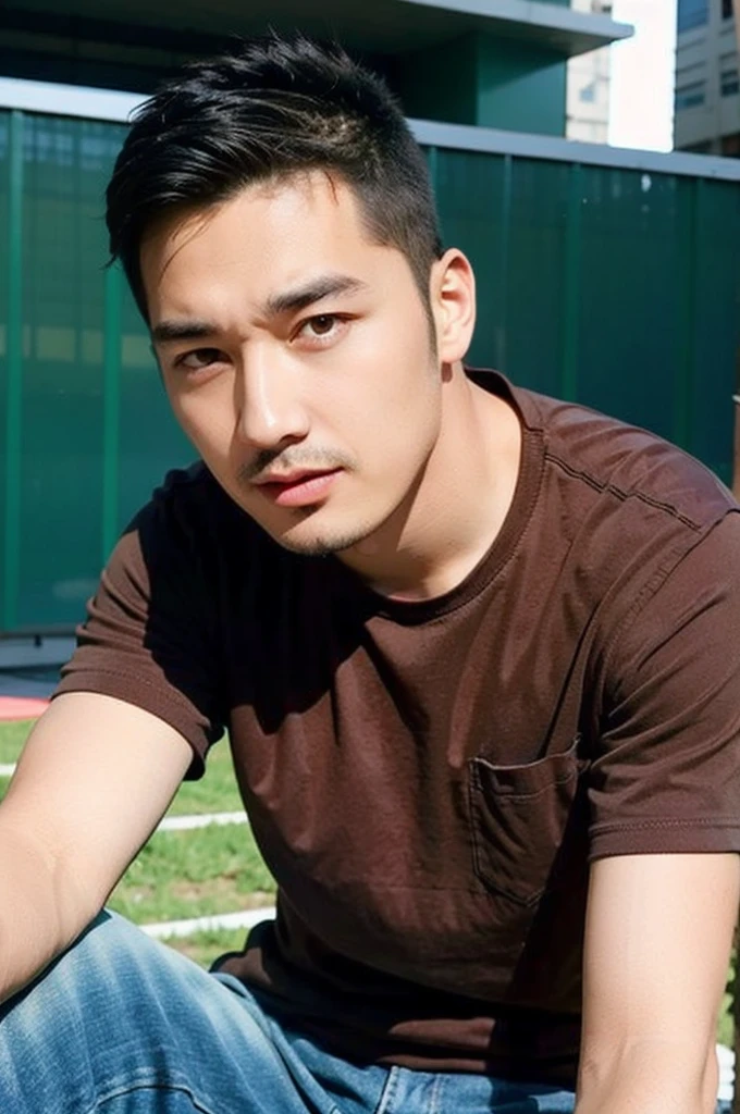 ((realistic daylight)) , Young Korean man in a simple brown t-shirt only, no pattern, denim shirt, and jeans., A handsome, muscular young Asian man looks at the camera.  , in the football field ,turn sideways