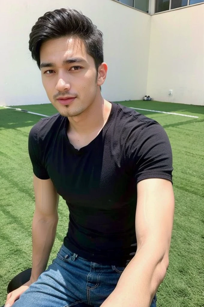 ((realistic daylight)) , Young Korean man in a simple brown t-shirt only, no pattern, denim shirt, and jeans., A handsome, muscular young Asian man looks at the camera.  , in the football field ,turn sideways