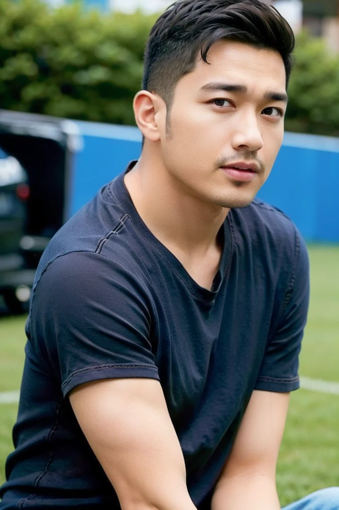 ((realistic daylight)) , Young Korean man in a simple brown t-shirt only, no pattern, denim shirt, and jeans., A handsome, muscular young Asian man looks at the camera.  , in the football field ,turn sideways