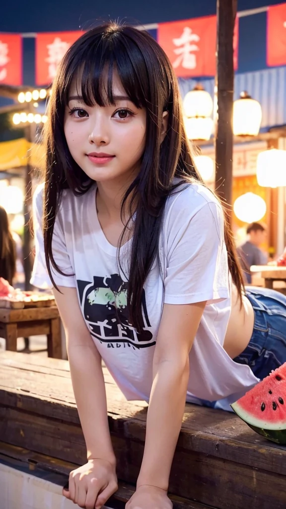 Beauty、Cute person、beautiful、Young face、Detailed face、Summer festival、Festivals、night、Lined with food stalls、Eating watermelon、Has bangs、T-Shirts、Leaning forward、whole body