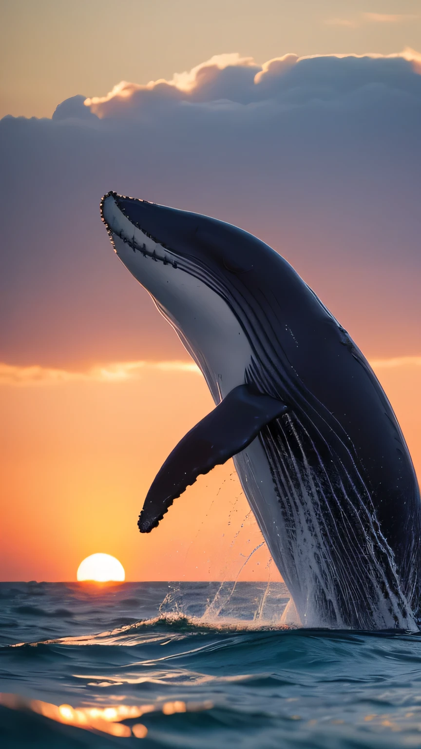 Best picture quality (8k, high resolution, Masterpiece: 1.2), super detailed,  

situation: With the orange sunset as my backdrop、Whale jumping out of the water。
detailed:
The water droplets sparkle in the light。
The whale&#39;s silhouette is emphasized.、Dramatic atmosphere。

